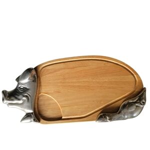 Vintage Pig Wood Pewter Charcuterie Board Cutting Board Large Chesse Meat Tray